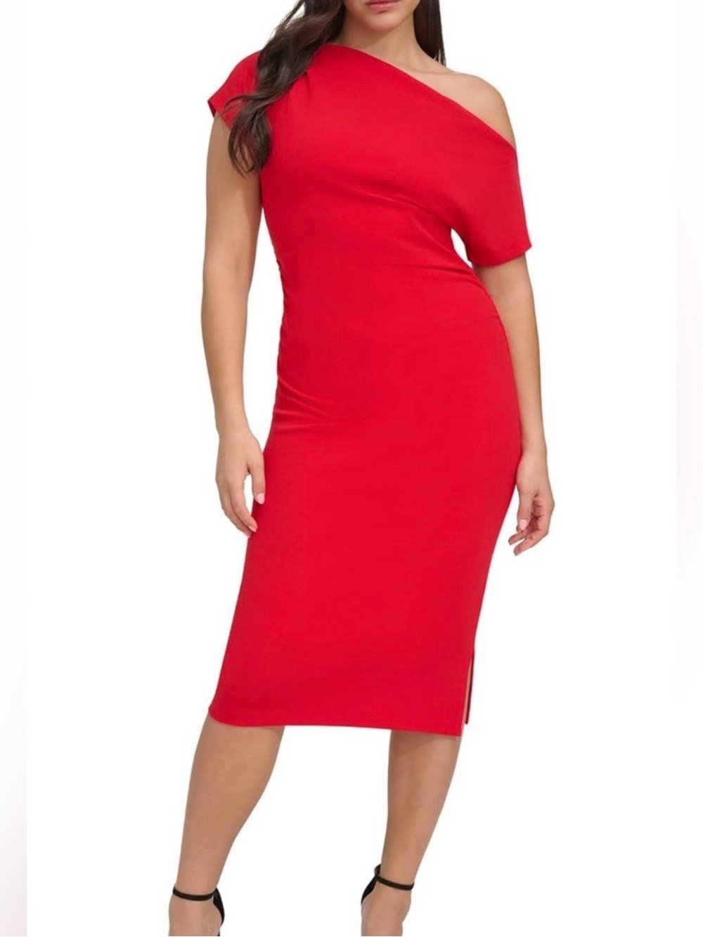 Elegant Red One-Shoulder Midi Dress - Women's Cocktail Dress